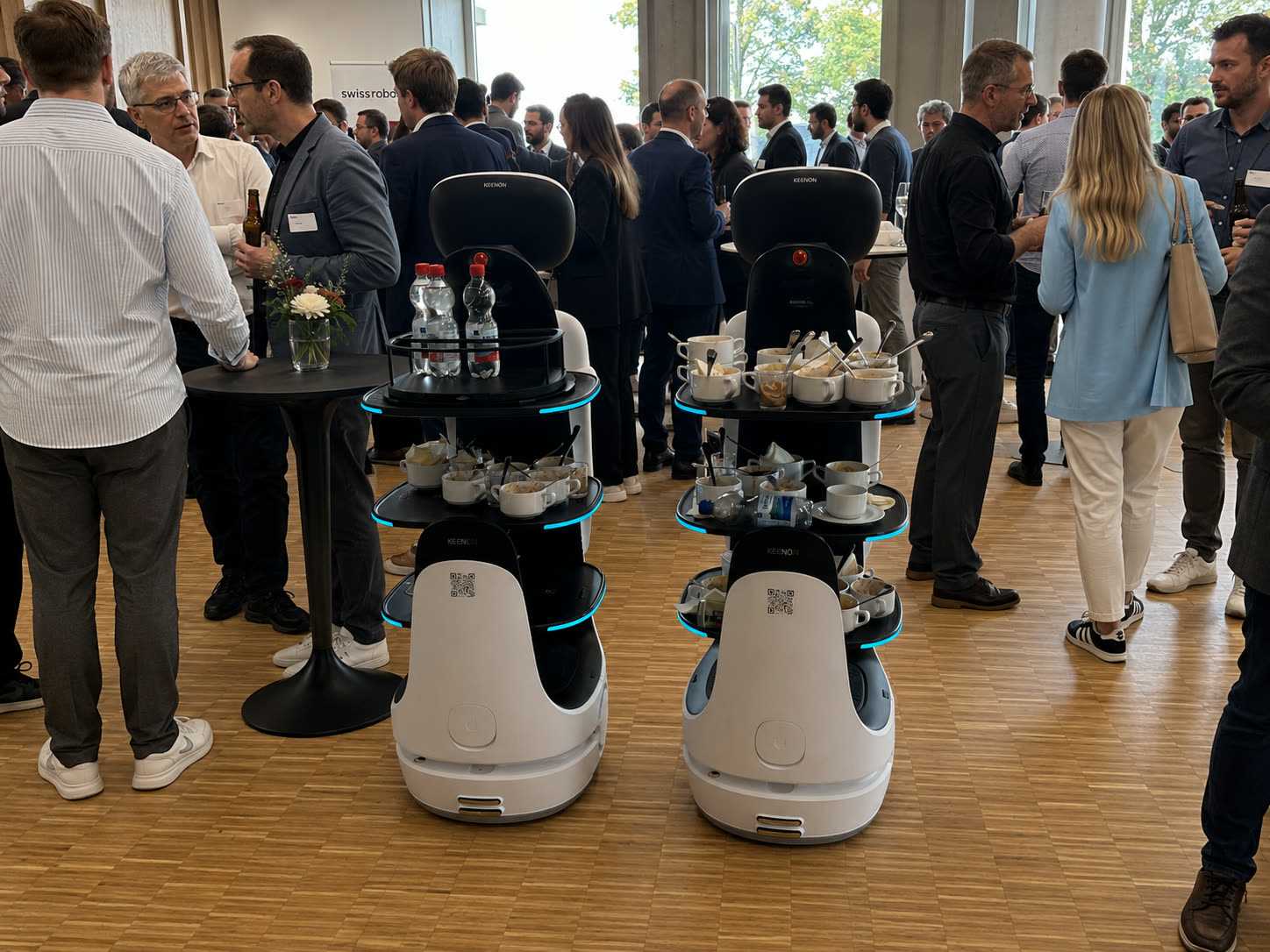 Two KEENON service robots from Maucher with loaded trays in operation at an event with a professional audience