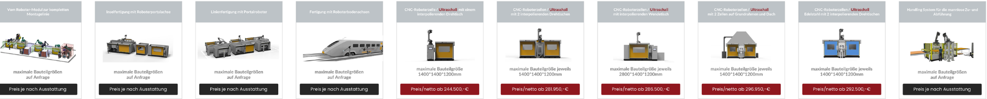 Selection of Maucher CNC robot cells: from the robot module for complete assembly lines through cell and line production to CNC robot cells with ultrasonic and interpolating rotary and tilting tables, with maximum component sizes and prices