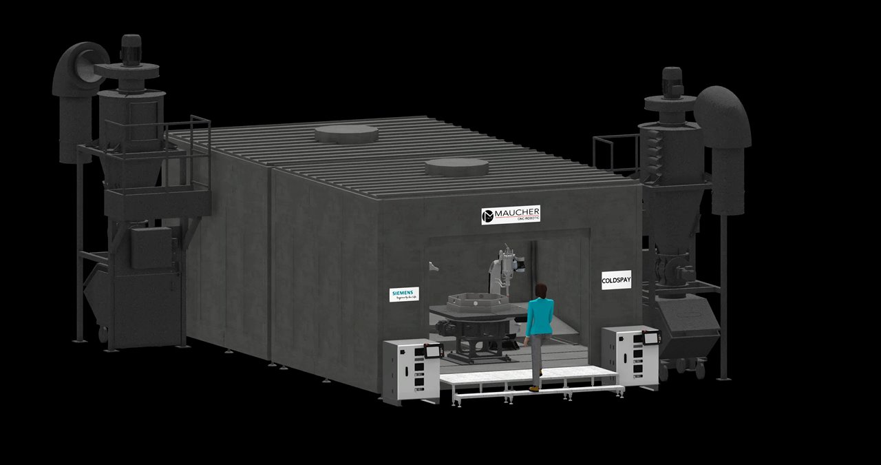 3D visualisation of a Maucher cold-spray robot cell with enclosure, extraction systems and Siemens control for coating at supersonic speed