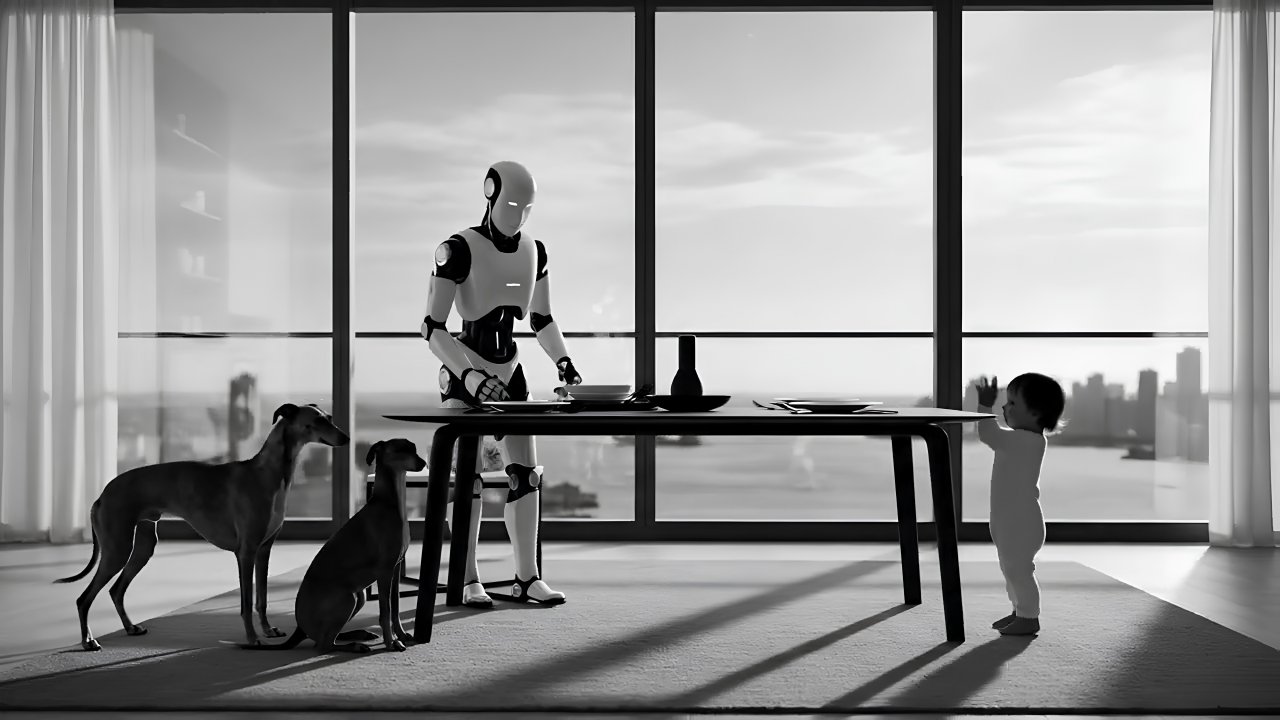 Humanoid robot in a home with a child and dogs, symbolising open living spaces without a separating safety fence