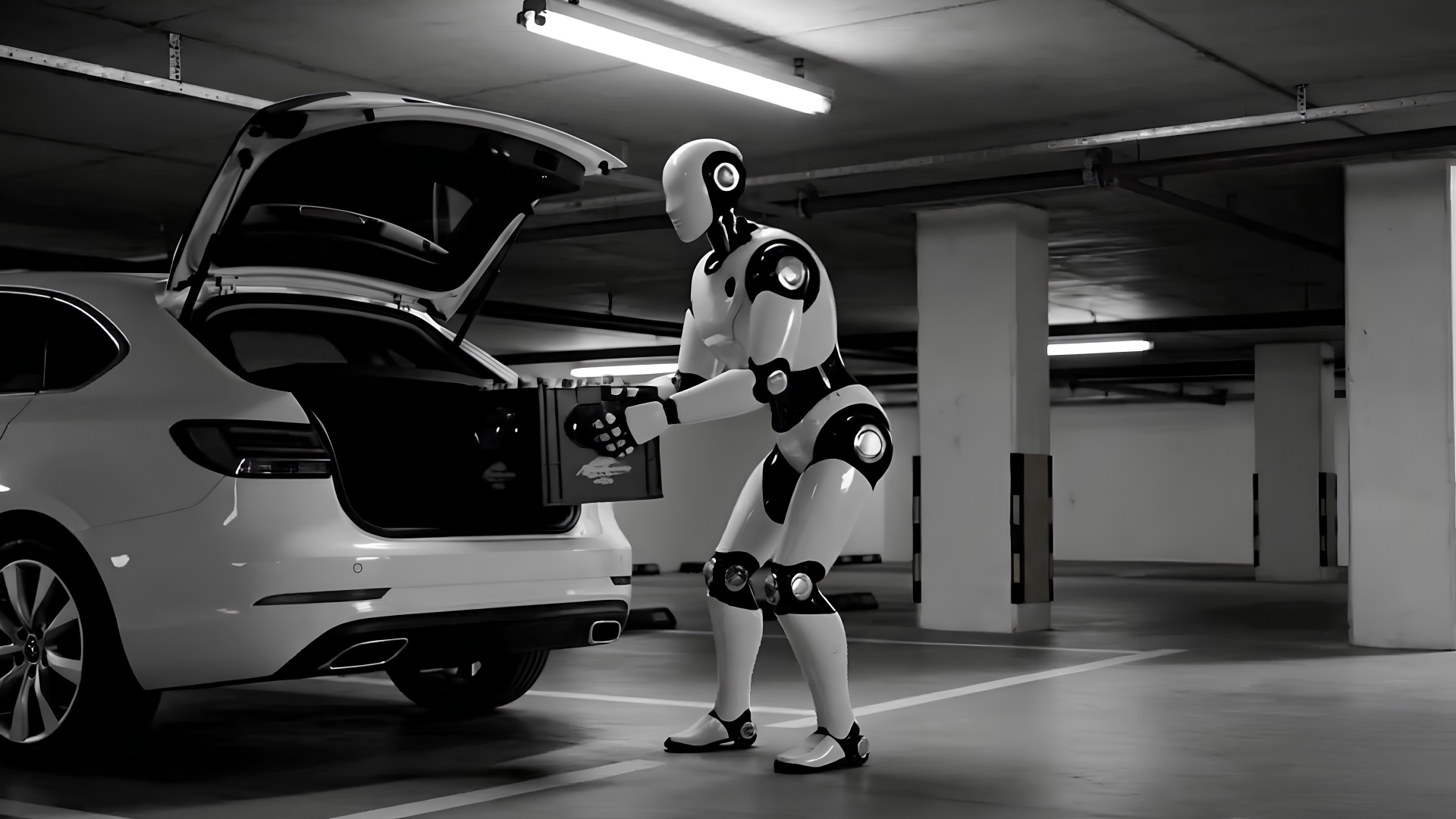Humanoid robot loading the boot of a vehicle in an underground car park, symbolising the step from lab to real-world environments