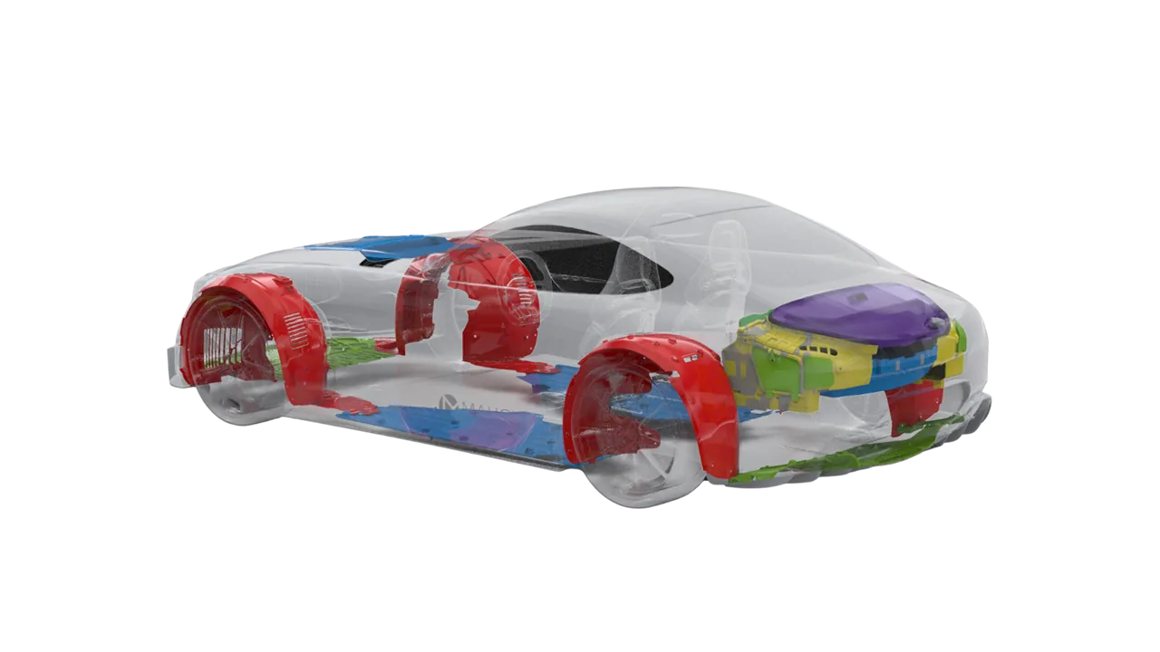 Transparent 3D render of a sports car with colour-highlighted plastic components manufactured by Maucher Formenbau KG