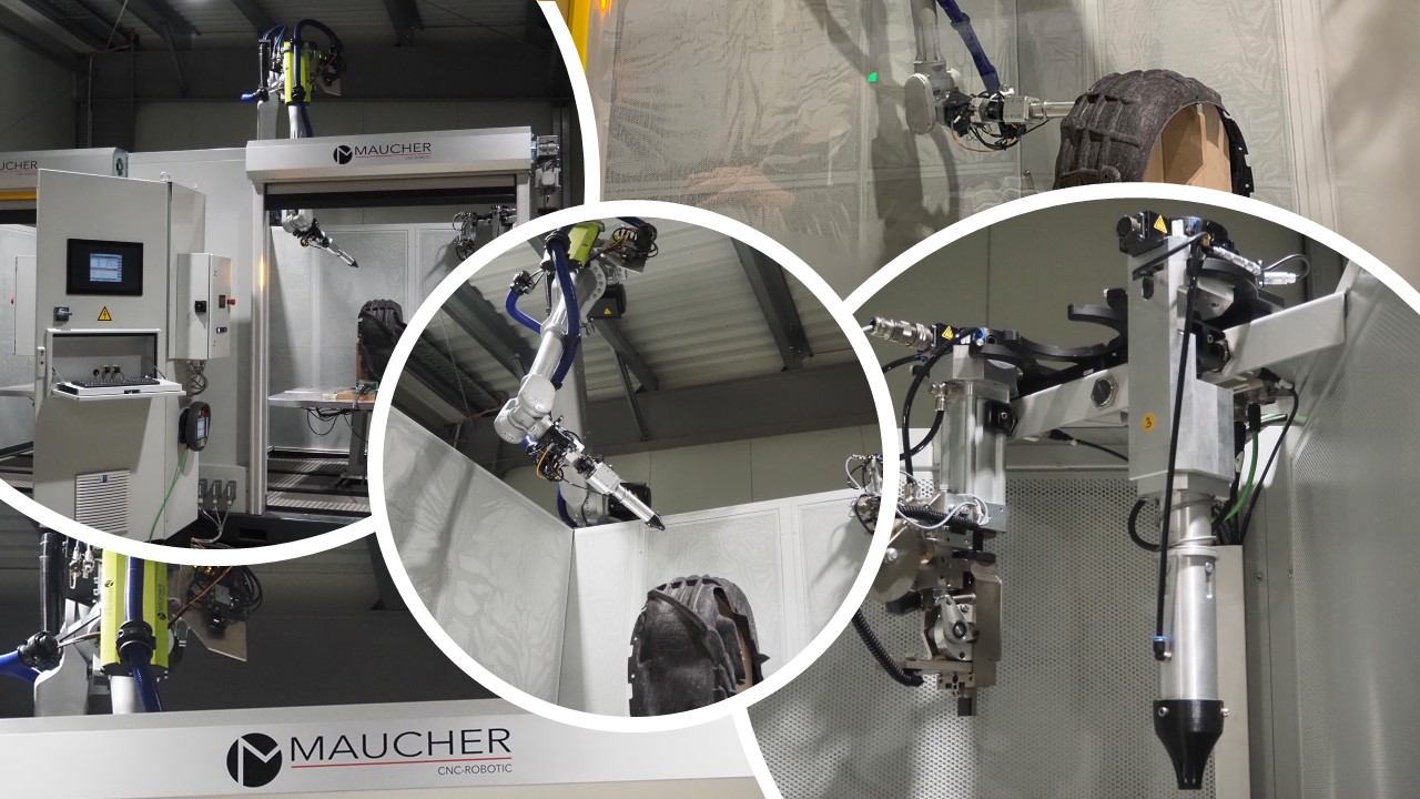 Maucher CNC robot cell performing ultrasonic cutting and welding: robot arm with ultrasonic sonotrode machines a component in the cell