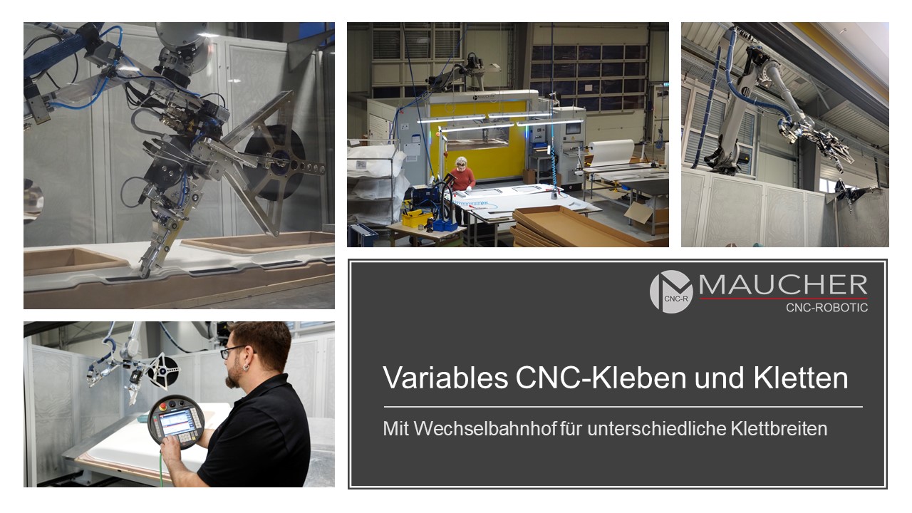 Maucher CNC robot cell performing variable bonding and hook-and-loop application: the robot applies adhesive or hook-and-loop tape reproducibly along defined paths