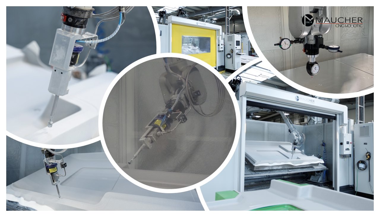 Maucher CNC robot cell performing pure waterjet cutting: the robot guides the high-pressure waterjet head precisely along the component contour
