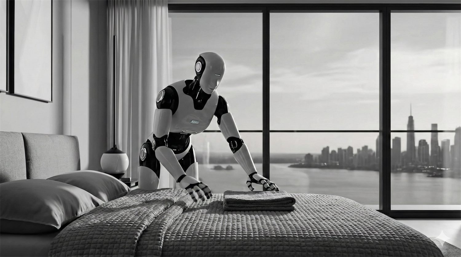 Humanoider Roboter verrichtet eine Alltagsaufgabe in einer Wohnumgebung, Sinnbild für den Schritt vom Labor in reale Räume