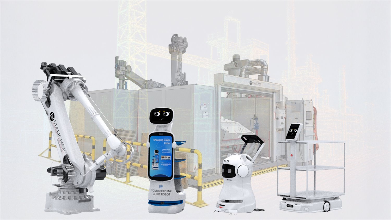 Portfolio der Maucher Service-Roboter: Liefer-, Empfangs- und Logistikroboter vor einer CNC-Roboterzelle